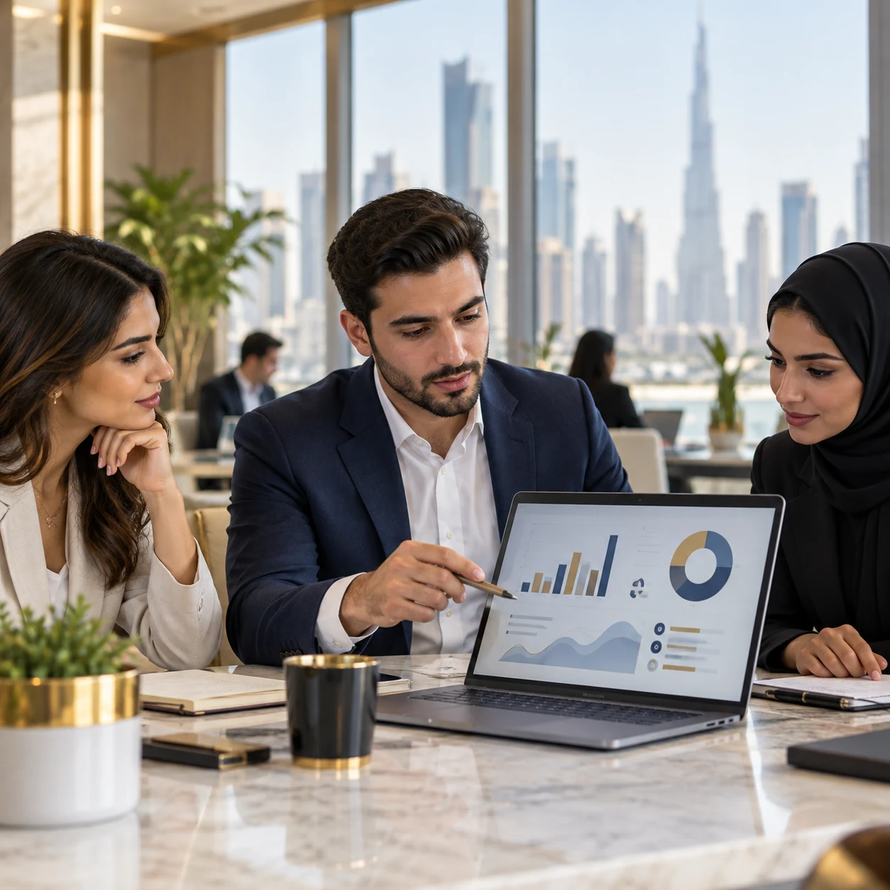 Marketing team reviewing an illustrative analytics dashboard